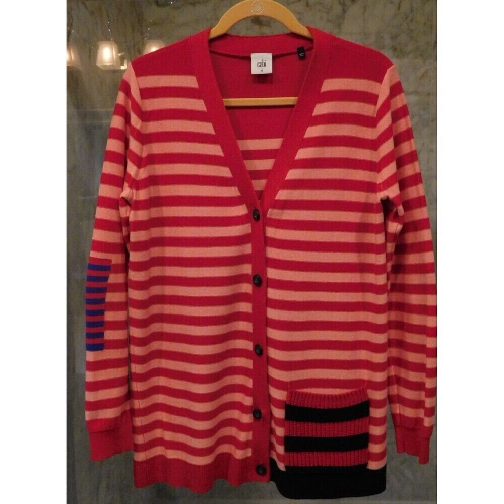 Cabi # 5446 "Picnic Cardigan" Red Stripe Button-Down Cardigan Long Slv Sweater M - Picture 2 of 11